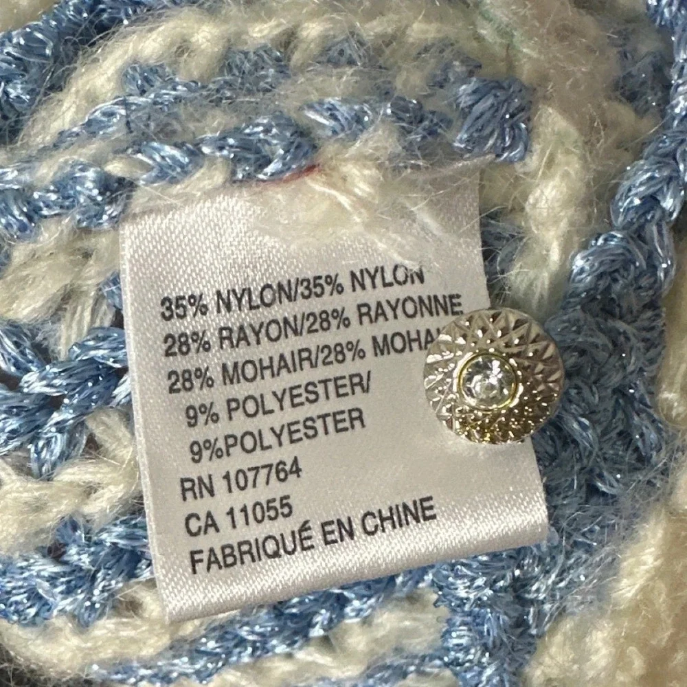 One Girl Who blue tweed cardigan mohair blend scallop metallic knit grandmacore